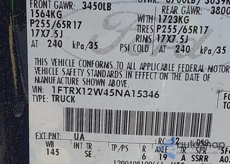 2005 Ford F-150 Stx/Xl/Xlt z USA, uszkodzony, nr VIN 1FTRX12W45NA15346